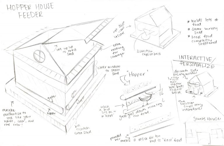 This hopper feeder is designed to look similar to ones home. I thought the user would be able to design their own to reflect their home, as they change color of the roof and house walls. I also liked the hopper system to see the birds jump for their food.